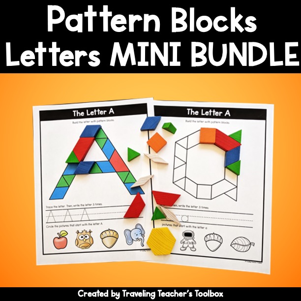 Clickable link to product Pattern blocks letters mini bundle. Upper case and lower case a's are show with pattern blocks around them.