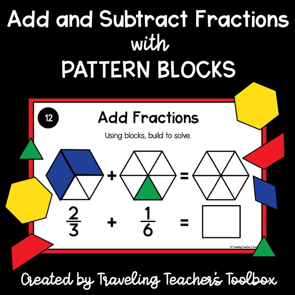 A clickable link to purchase adding and subtracting fractions with pattern blocks.