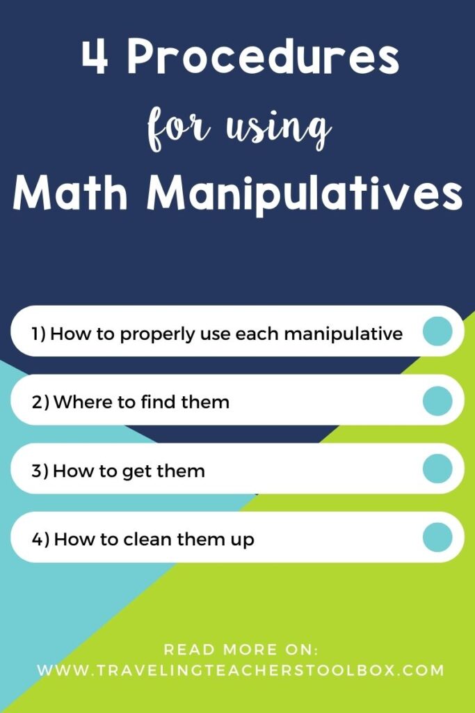 4 procedures for the use of math manipulatives: 1. How to properly use each manipulative 2. Where to find them 3. How to get them 4. How to clean them up