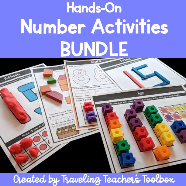 Clickable link to purchase a bundle of hands on number activities with number cubes, dough, pattern blocks, and popsicle sticks. Activities include building numbers, tracing numbers, and counting.