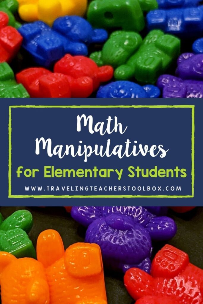 Math manipulatives for elementary students is in the middle of a blue box surrounded by a picture of plastic counting bears.