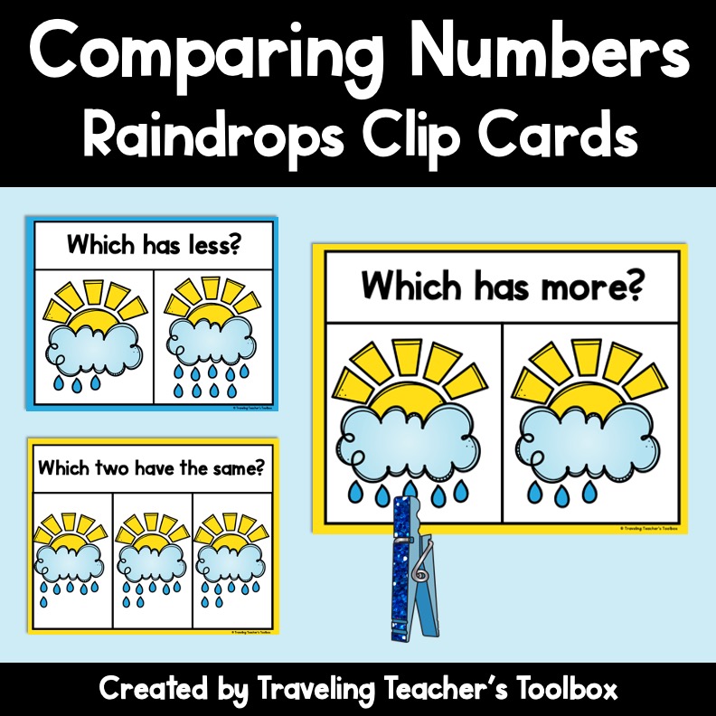 comapring numbers with raindrops clip cards for spring