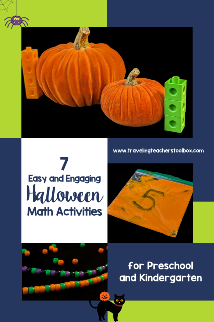 7 easy and engaging Halloween math activities with pictures of measuring pumpkins with math cubes, a plastic baggie with orange paint and the number 5 traced in it, and 2 pipe cleaners showing color patterns.